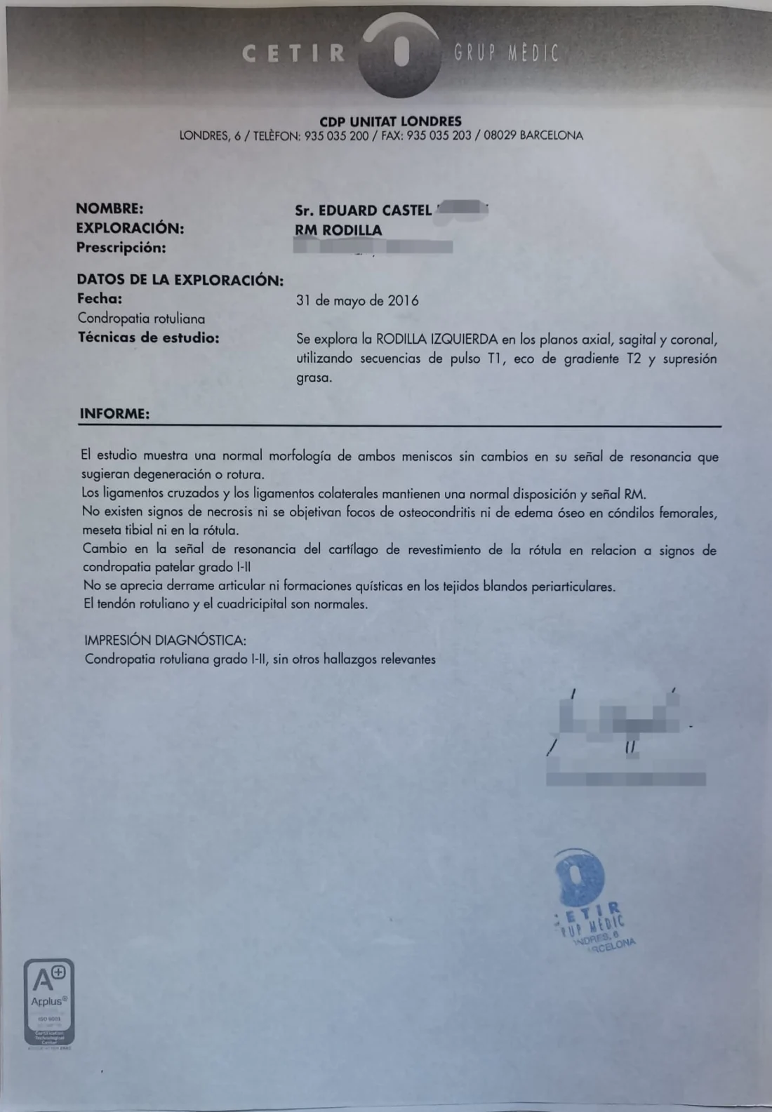 Resonancia Magnética Condromalacia Rotuliana